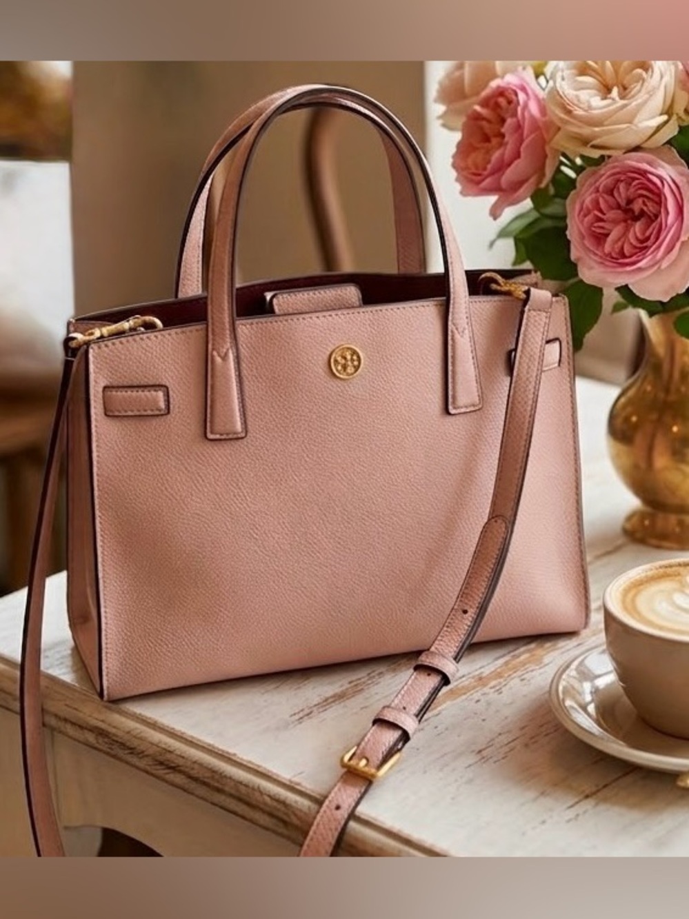 Tory Burch Walker Small Pebbled Leather Satchel Tote Bag Pink Authentic